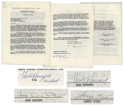 1961 Contract Signed by Moe Howard, Larry Fine & Joe DeRita Regarding Snow White and the Three Stooges, Signed Again by Moe on Page 4 of 5pp. Contract -- 8.5 x 11, Near Fine Condition